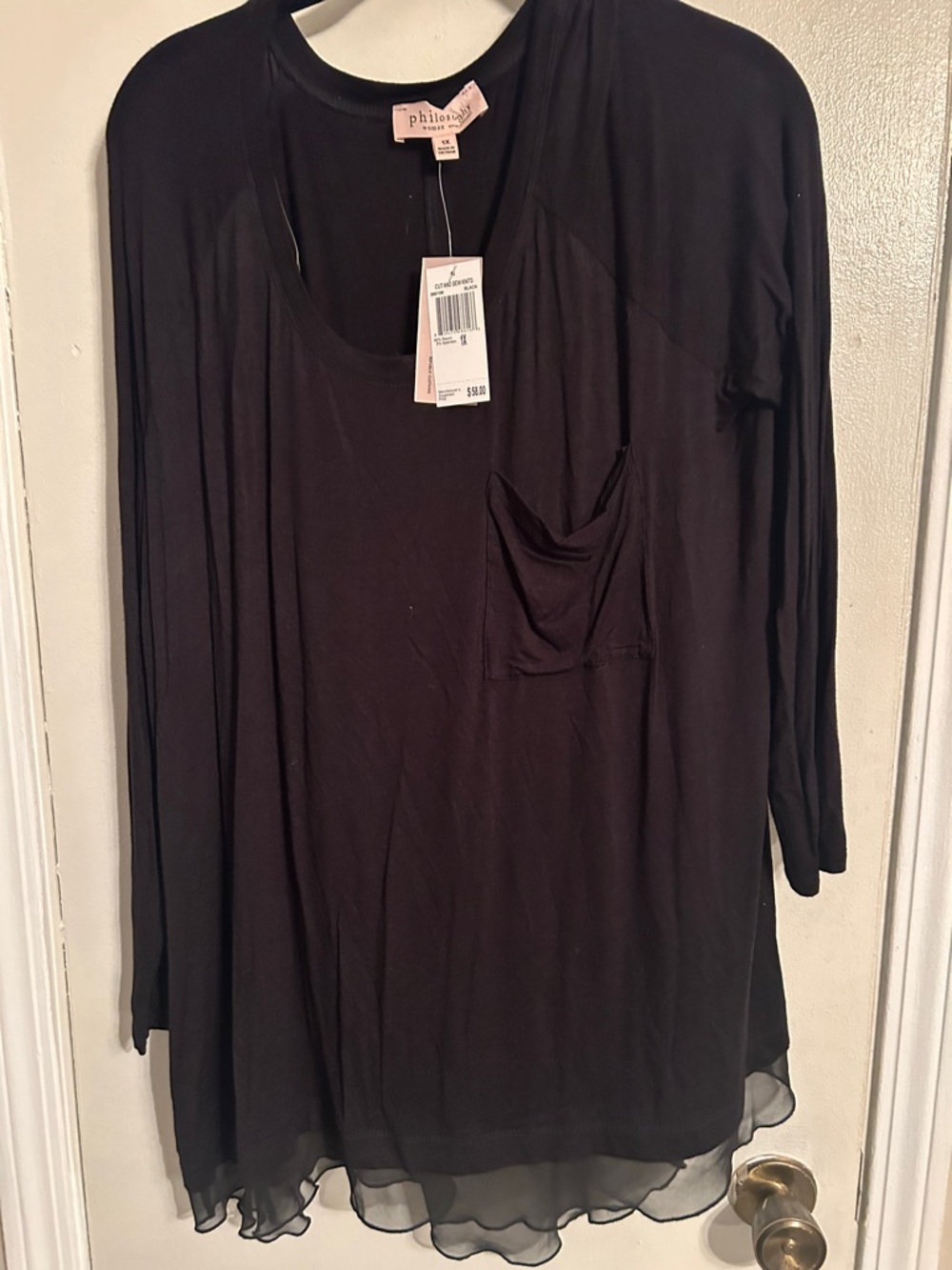 Philosophy Black Sheer-Hem Long Sleeve Top with Pocket